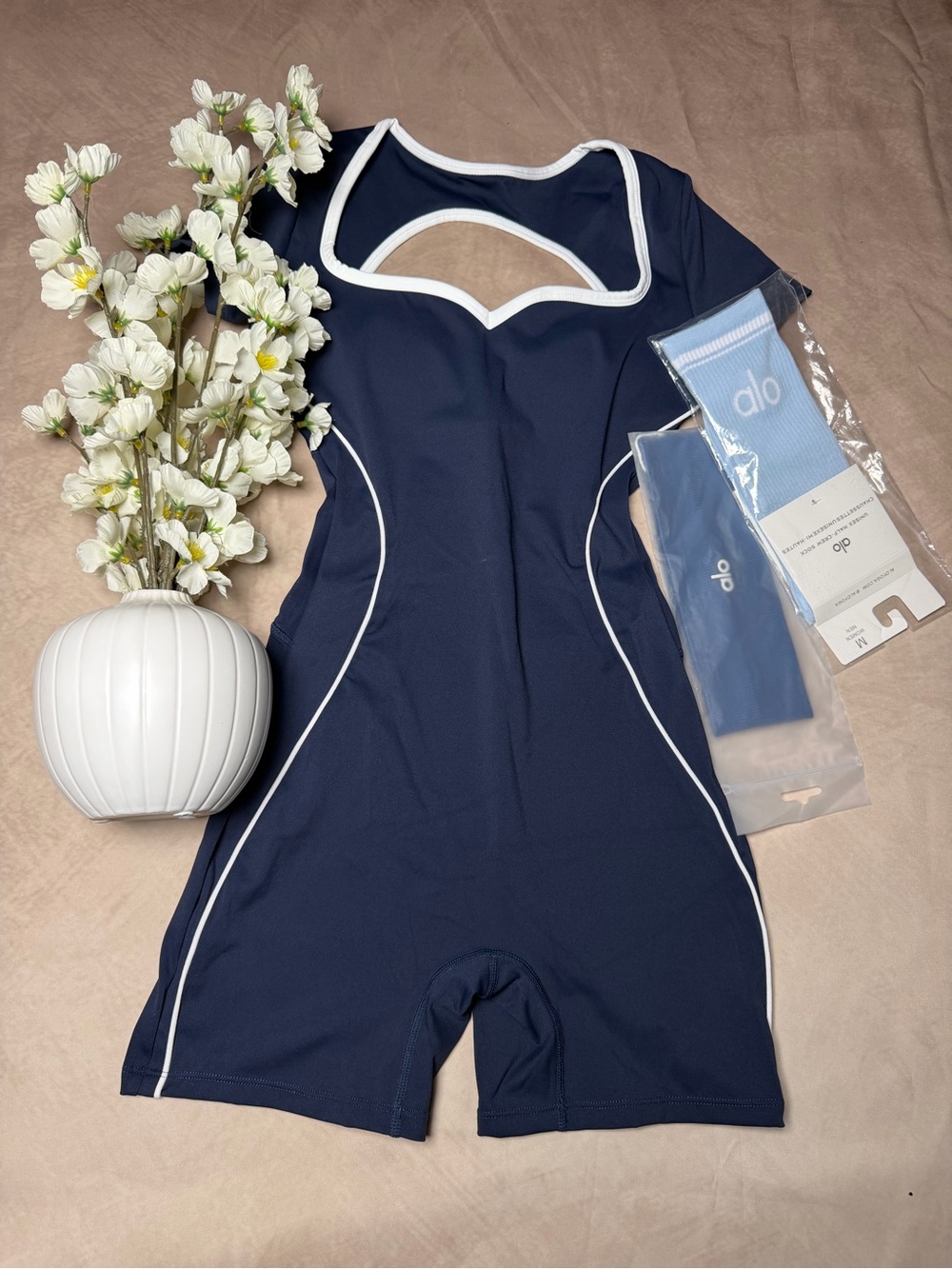 ALO Yoga Navy Blue One-Piece Bodysuit with White Trim